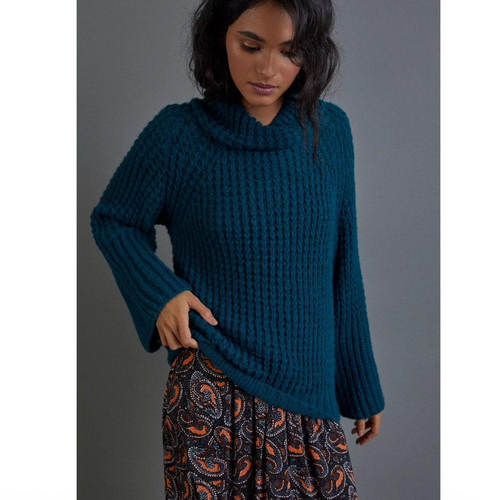 NWT $118 Anthropologie Maeve Dionne Bell Sleeved Sweater Cozy Large Dark Green